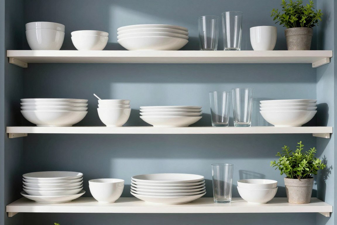 Styled open shelves with white dishes against blue wall