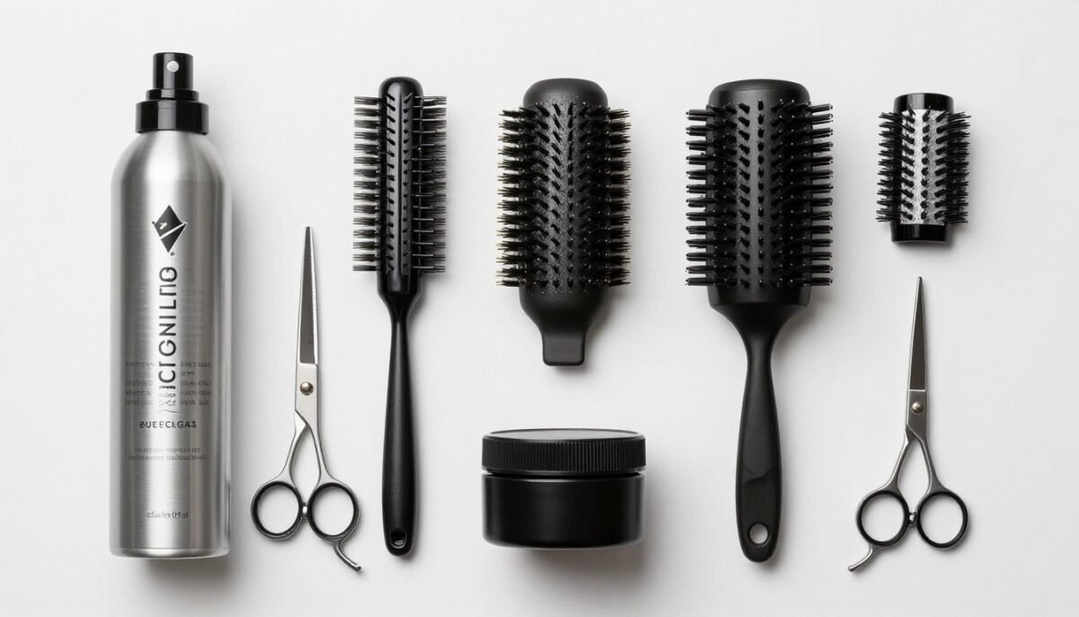 Styling products and tools arranged for short choppy haircut maintenance
