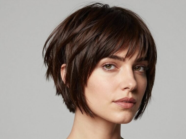 Stylish woman with short choppy haircut showing textured layers and modern styling