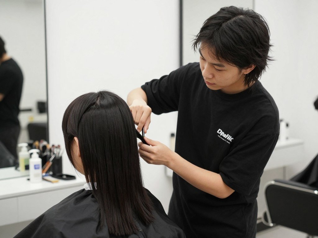 Stylist explaining choppy haircut technique to client during consultation