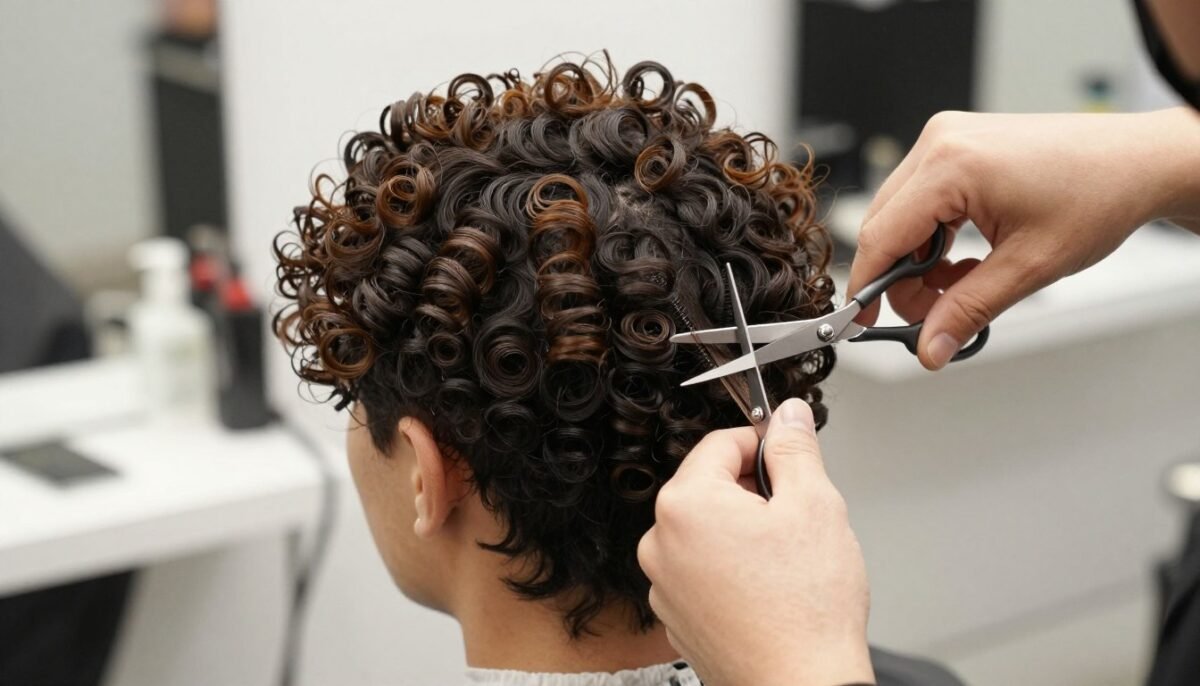 Stylist trimming short curly hair