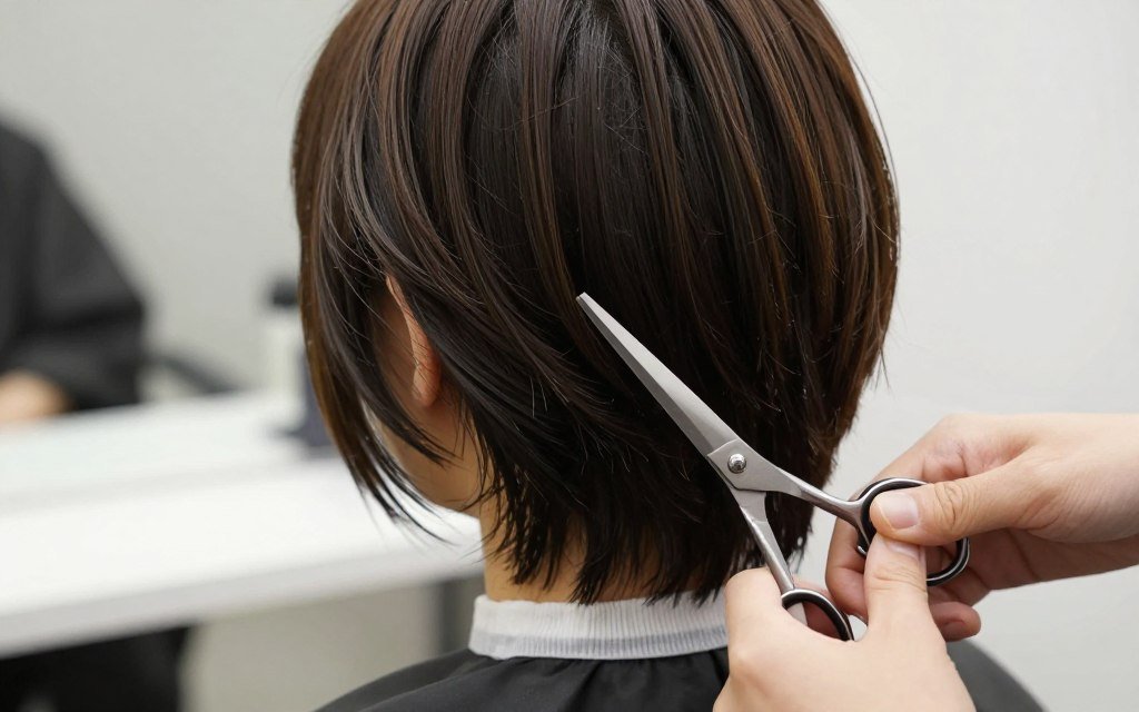 Stylist using point cutting technique to create choppy layers