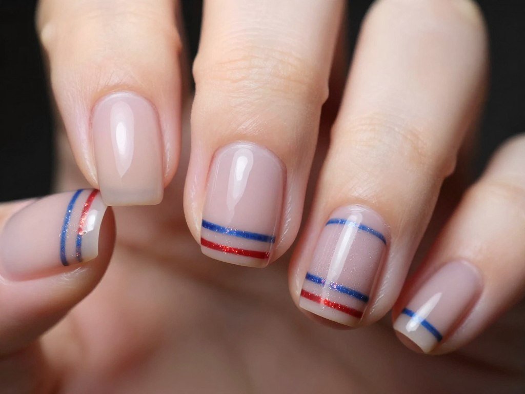 Subtle shimmer stripes in patriotic colors on neutral nail base