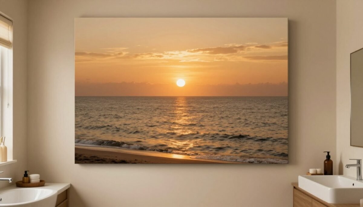 Sunset beach canvas art in warm bathroom