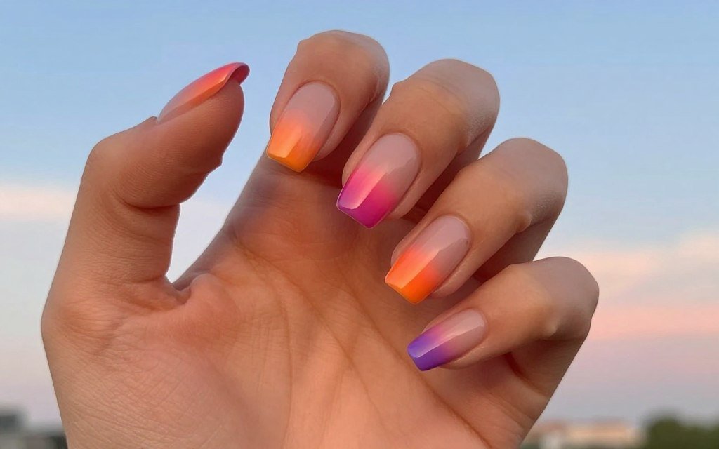 Sunset gradient french tip nail design