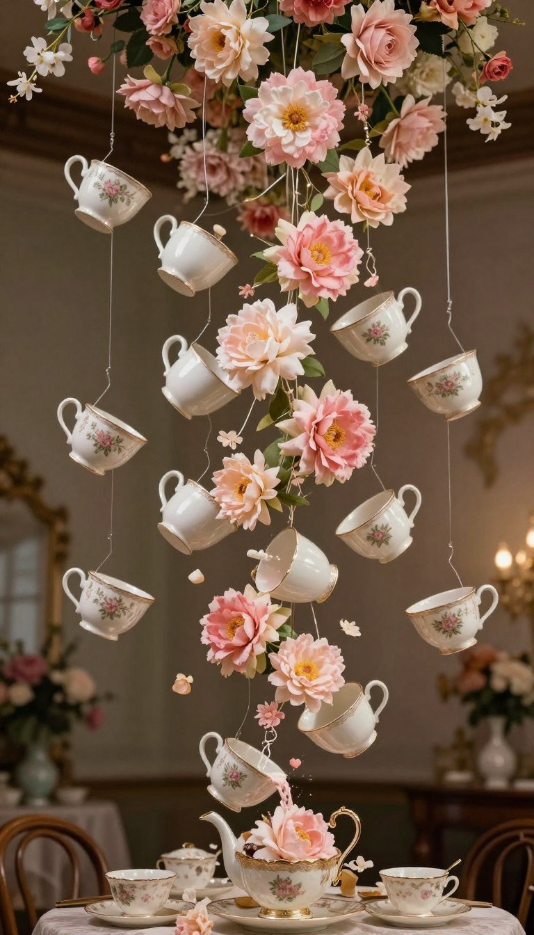 Suspended teacups appearing to float and pour flowers in mid-air