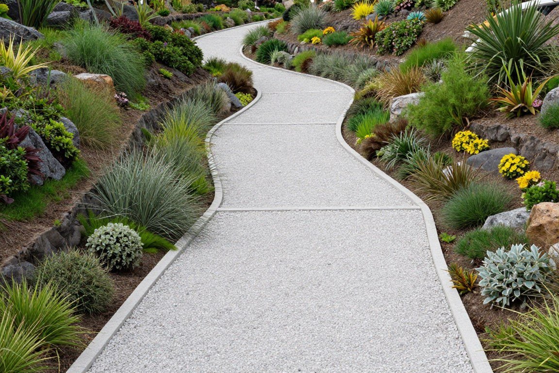Switchback gravel path ascending garden slope