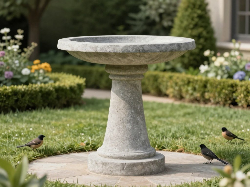 Tall concrete pedestal bird bath with stone texture finish