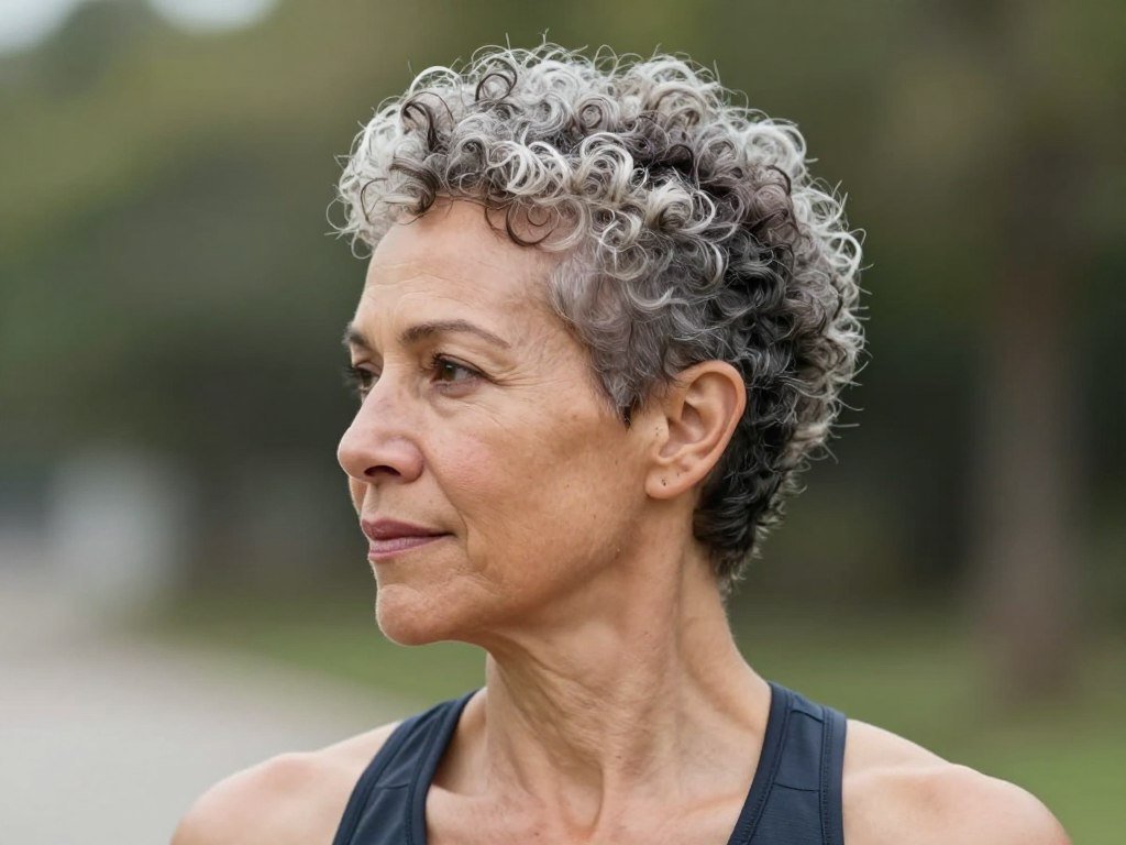 Tapered curly crop with short back and sides, longer curly top