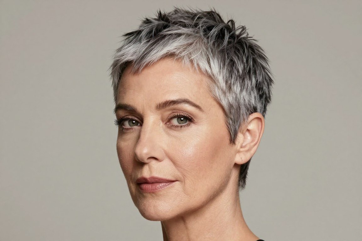 Tapered pixie cut showing gradual length transition for mature women