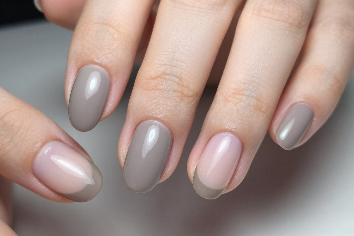 Taupe French tips on oval nails with neutral greige shade