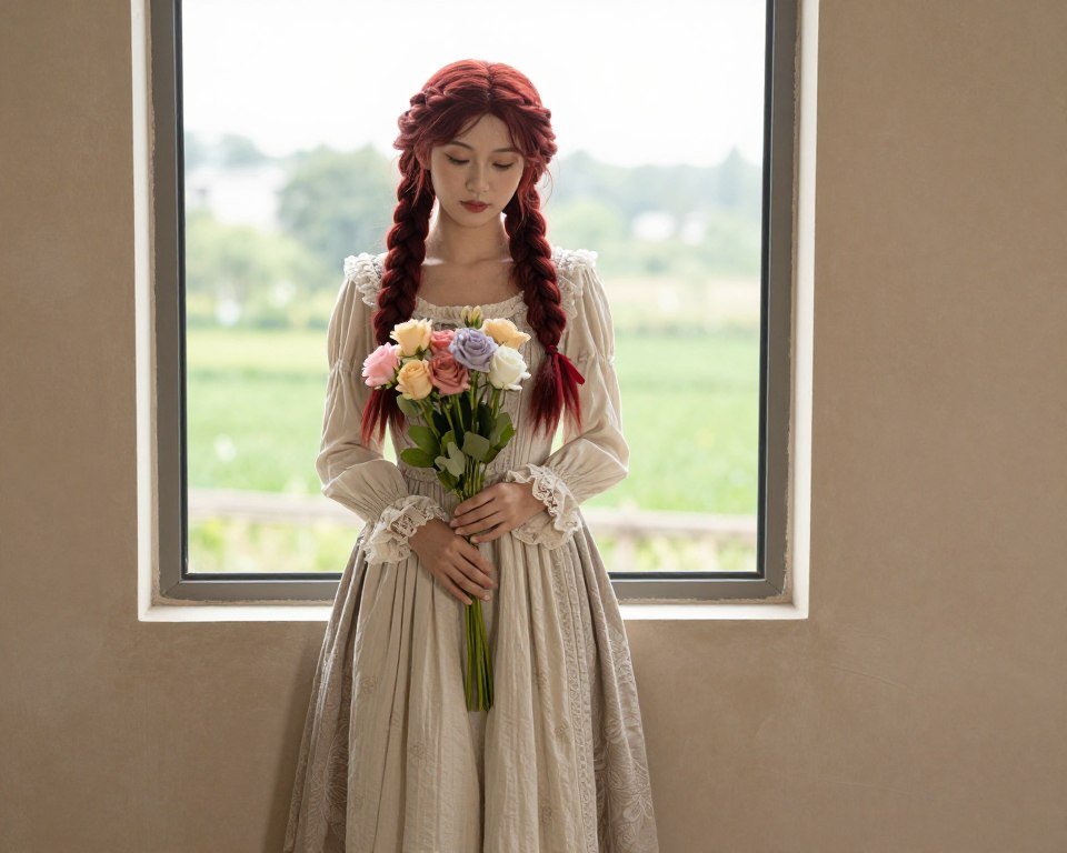 Teacher as Anne with red braids and vintage dress