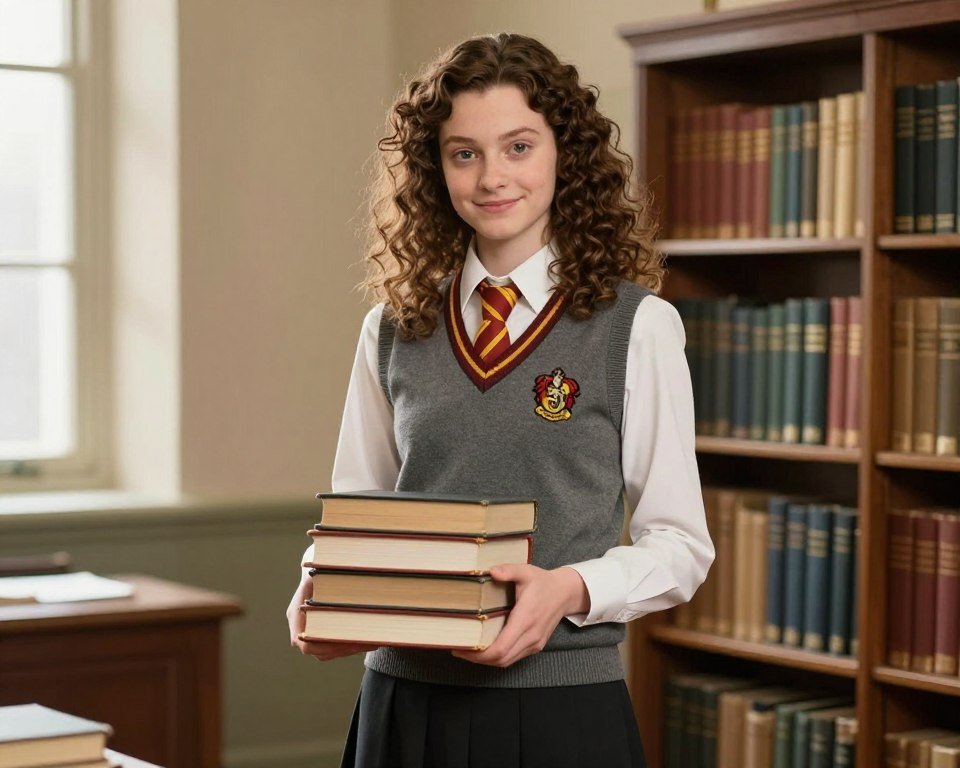 Teacher as Hermione with Hogwarts uniform and bushy brown hair