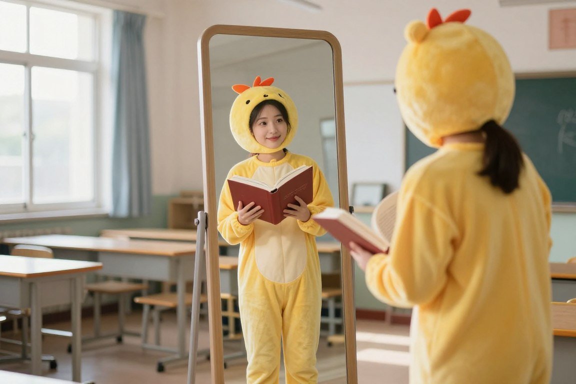 Teacher checking costume in mirror before school