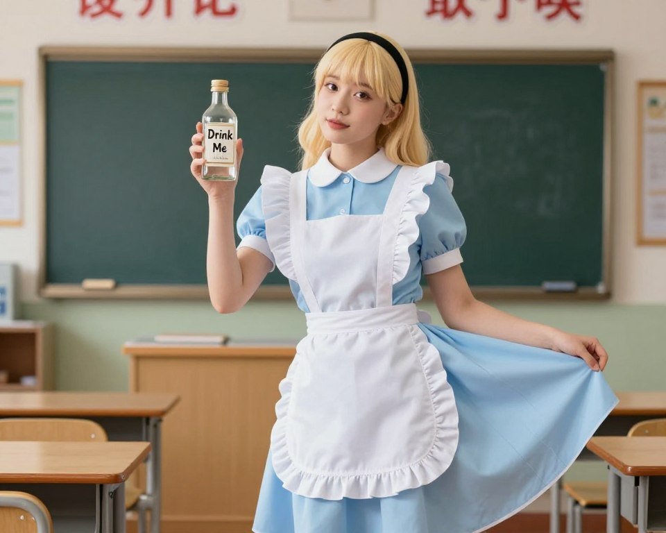 Teacher dressed as Alice with blue dress and white apron