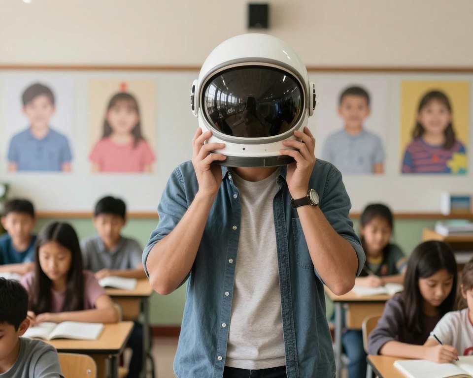 Teacher dressed as Auggie with astronaut helmet