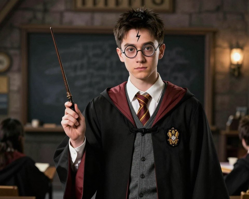 Teacher dressed as Harry Potter with robe, glasses, and lightning bolt scar