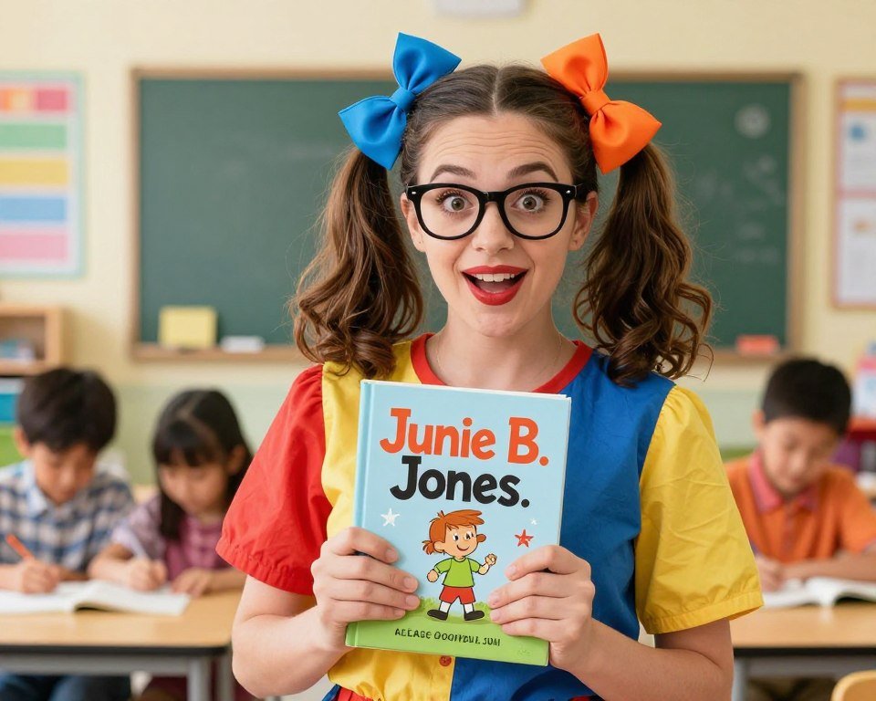 Teacher dressed as Junie B. Jones with colorful mismatched outfit
