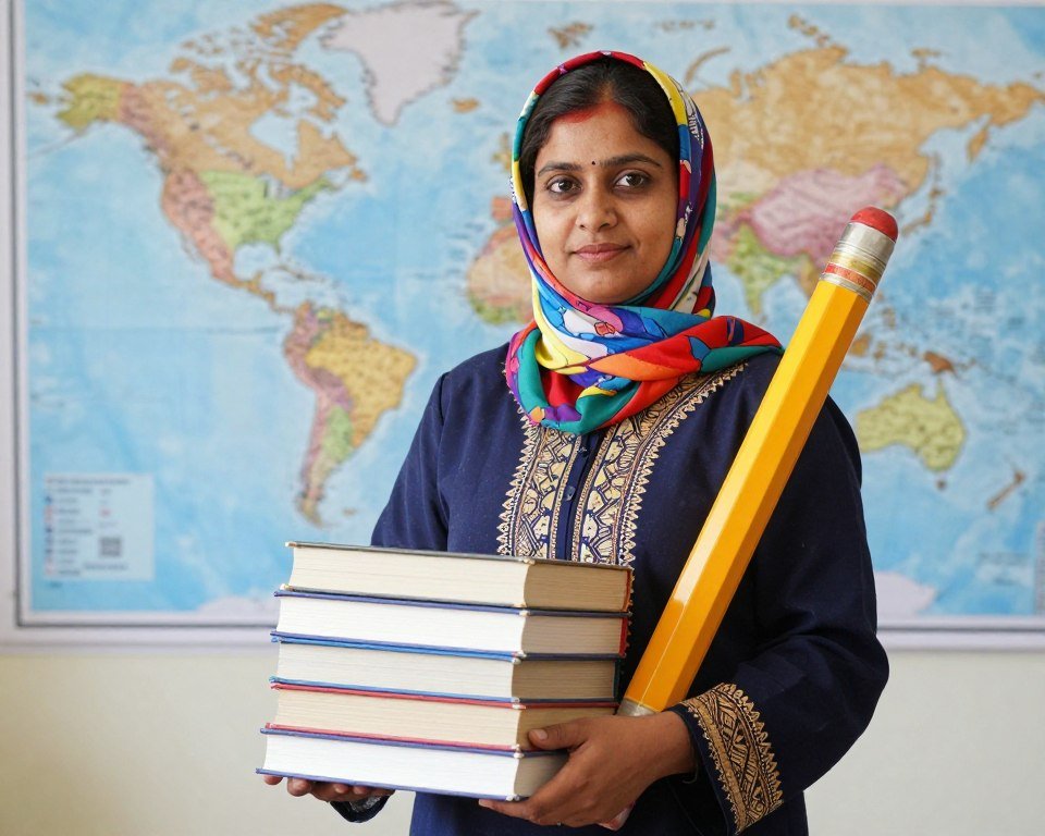 Teacher dressed as Malala with headscarf and books