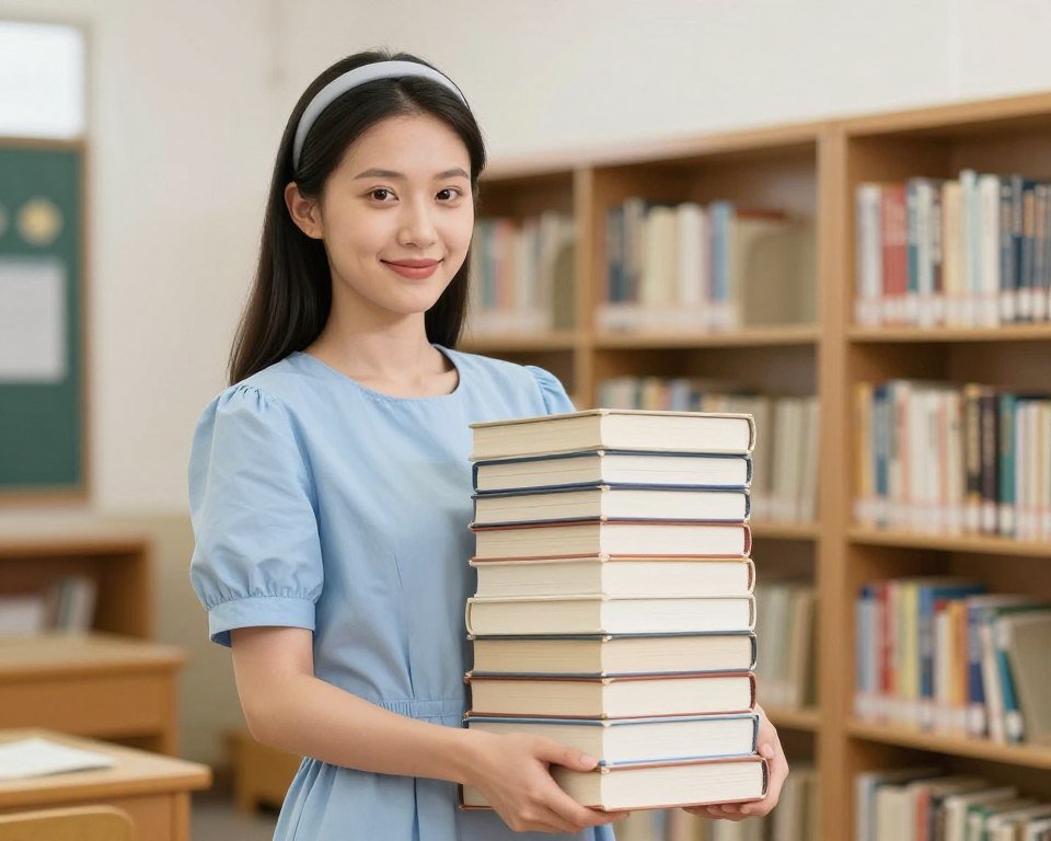 Teacher dressed as Matilda with blue dress and stack of books