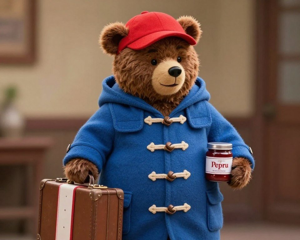 Teacher dressed as Paddington with blue coat and red hat