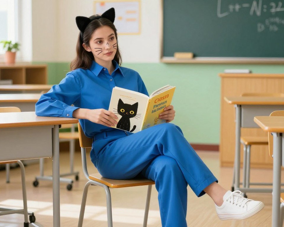 Teacher dressed as Pete the Cat with blue outfit and cat ears