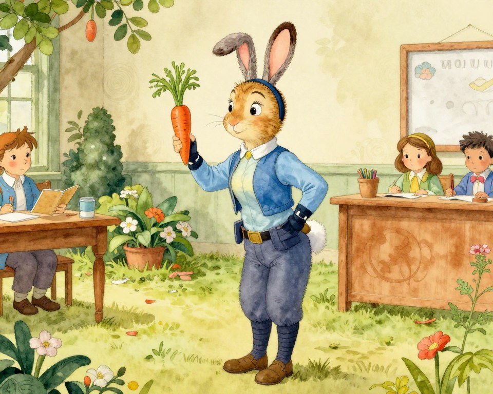 Teacher dressed as Peter Rabbit with blue jacket and ears