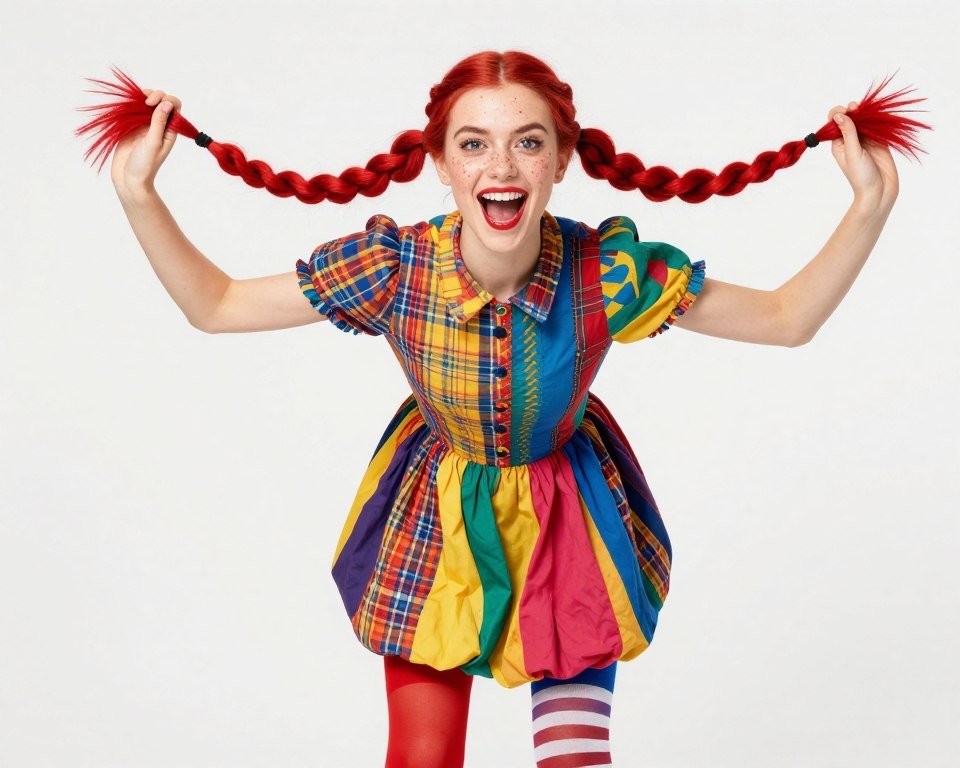 Teacher dressed as Pippi with wild red pigtails and mismatched stockings