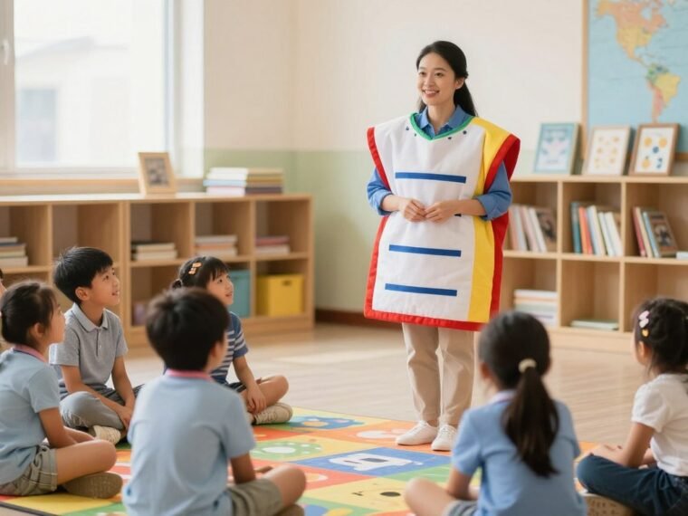 Teacher dressed as book character in classroom surrounded by excited students