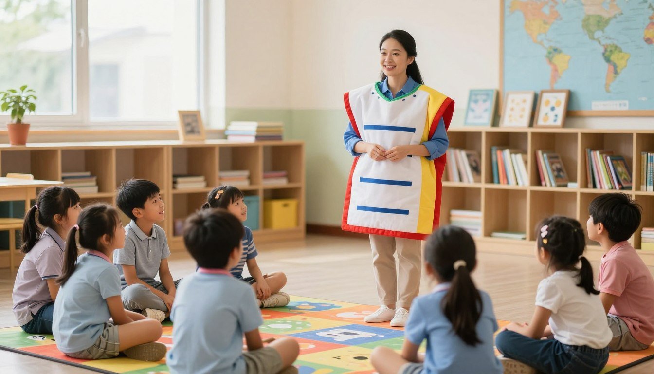 Teacher dressed as book character in classroom surrounded by excited students