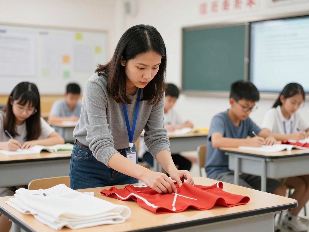 Teacher examining costume for safety hazards