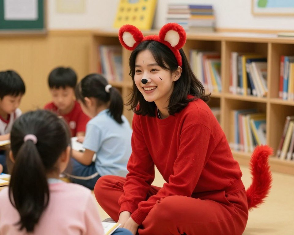 Teacher in Clifford costume with red outfit and dog ears
