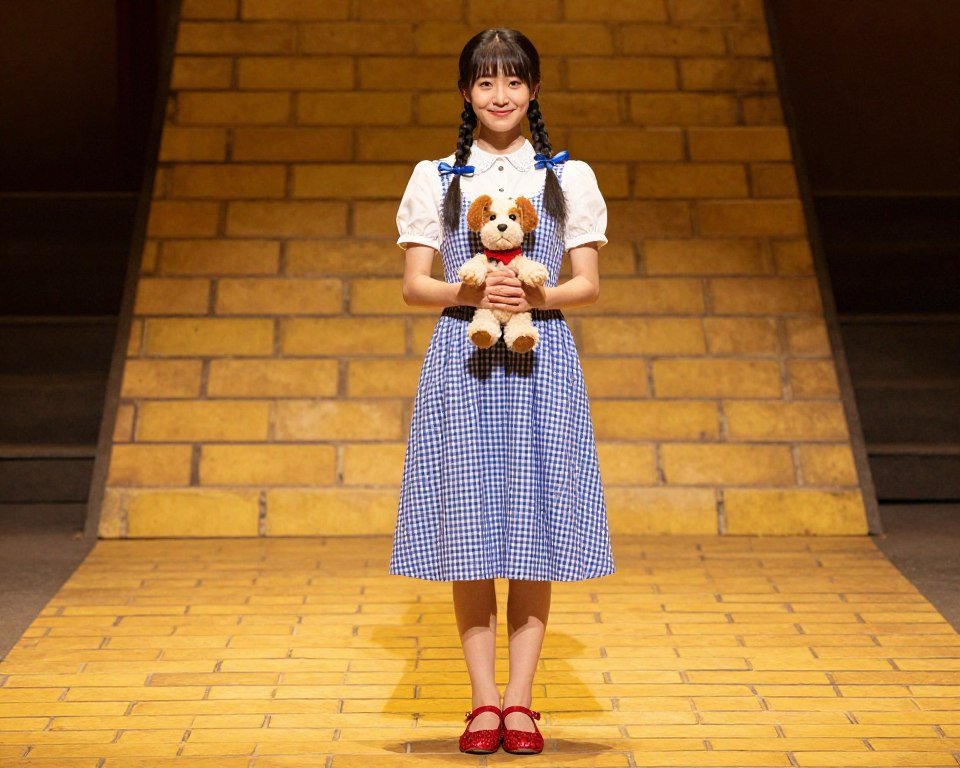 Teacher in Dorothy costume with blue gingham dress and ruby slippers
