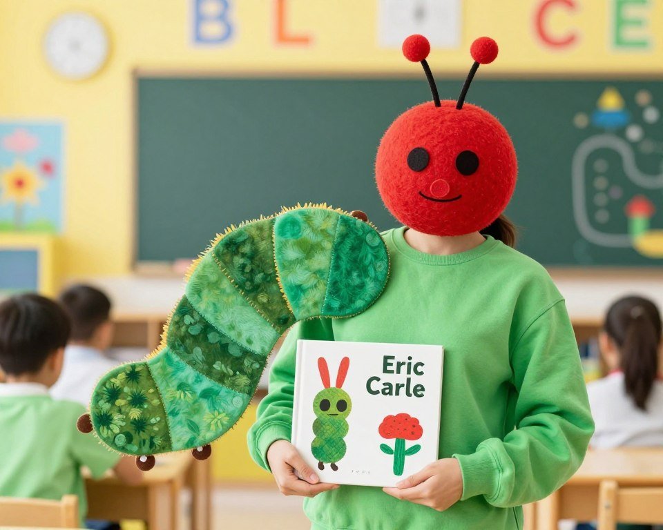Teacher in Very Hungry Caterpillar costume with green body and red head