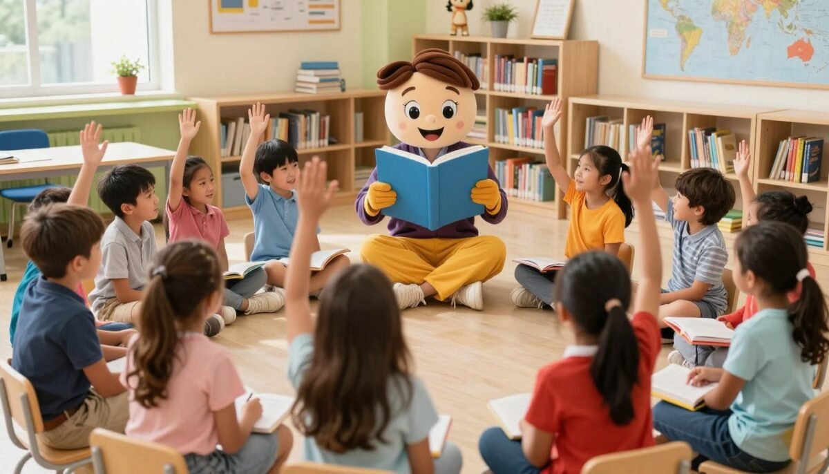 Teacher in character costume reading to engaged students Teacher in character costume reading to engaged students