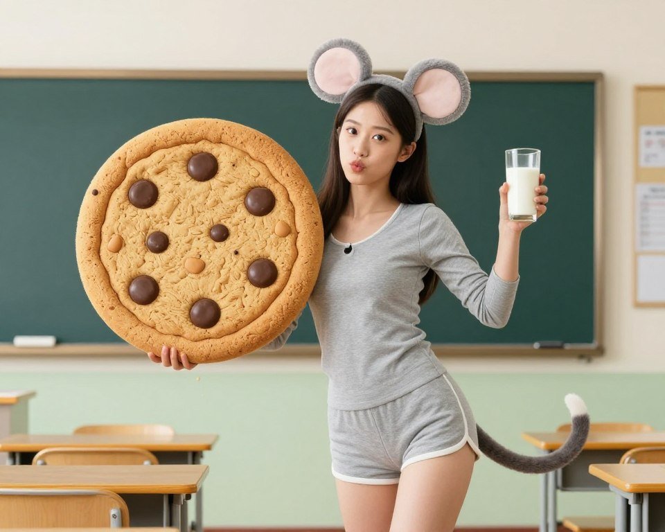 Teacher in mouse costume with cookie prop