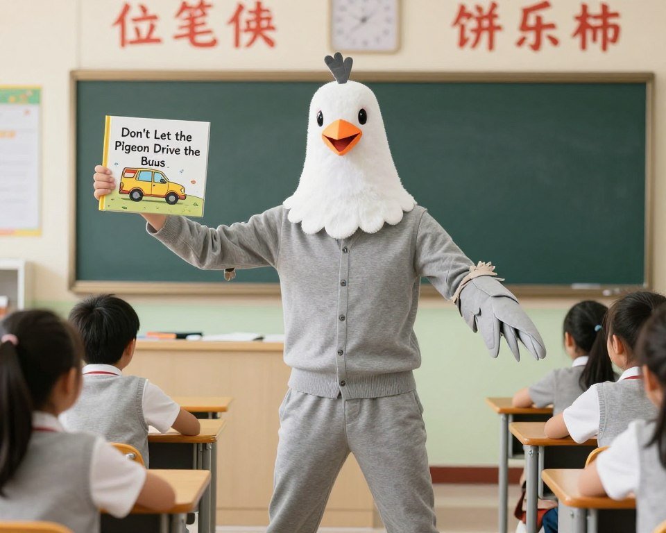 Teacher in pigeon costume with gray outfit and bird features