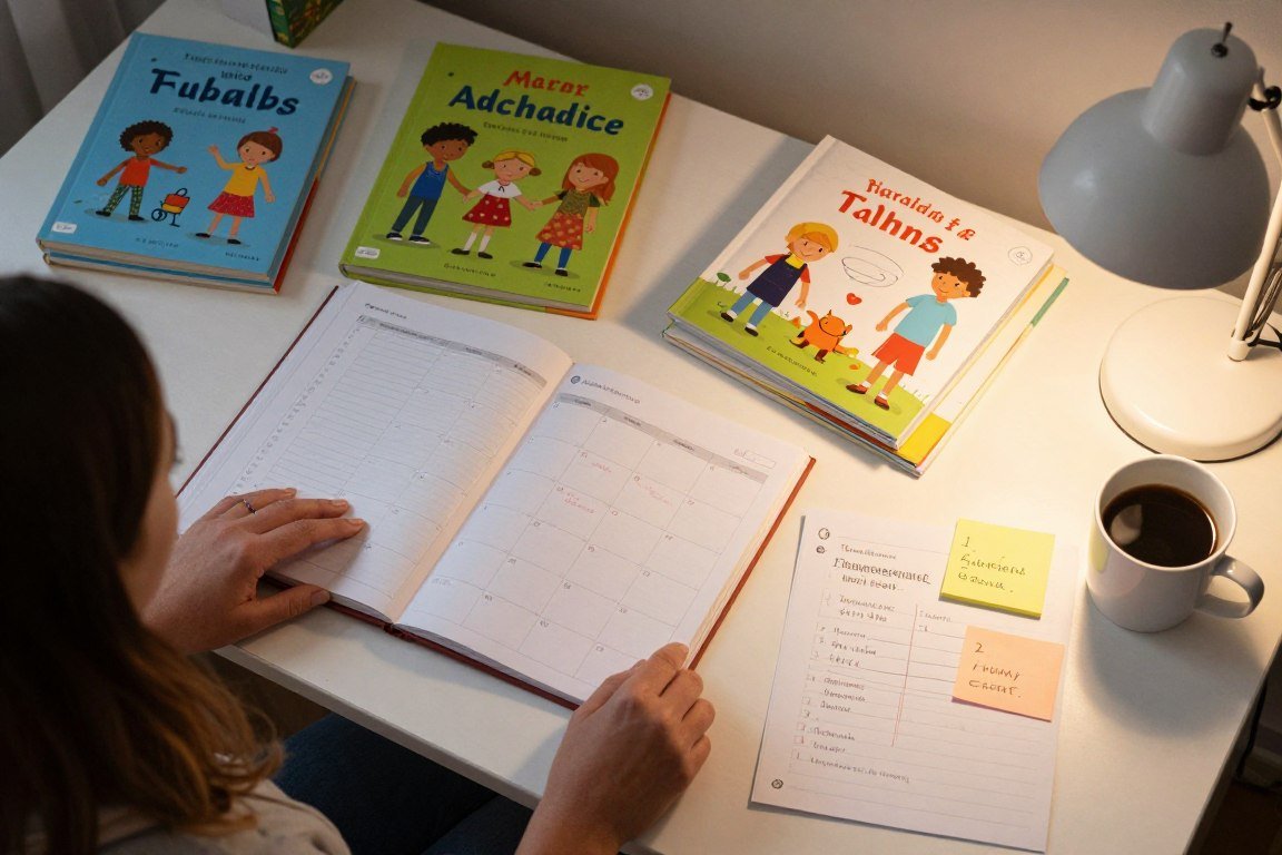 Teacher planning costume with calendar and book character images on desk