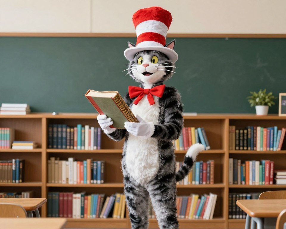 Teacher wearing Cat in the Hat costume with tall striped hat and red bow tie