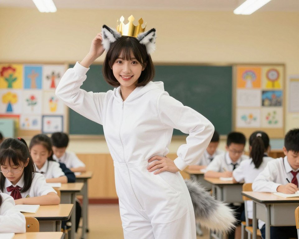 Teacher wearing Max costume with wolf suit and crown