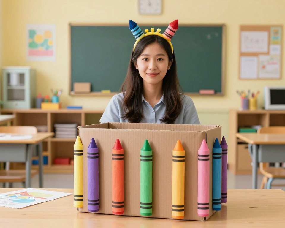 Teacher wearing cardboard crayon box costume with crayon letters