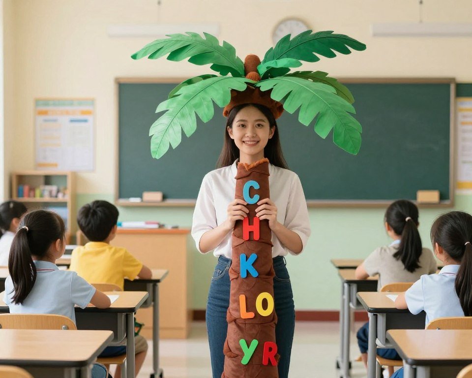 Teacher wearing coconut tree costume with alphabet letters