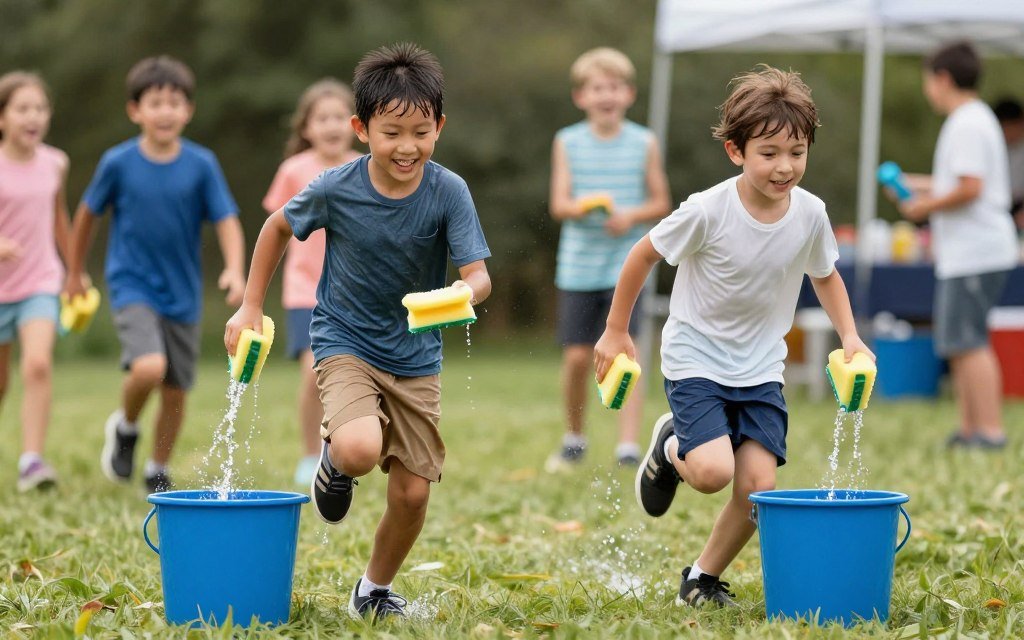 Team relay race using sponges to transfer water between buckets