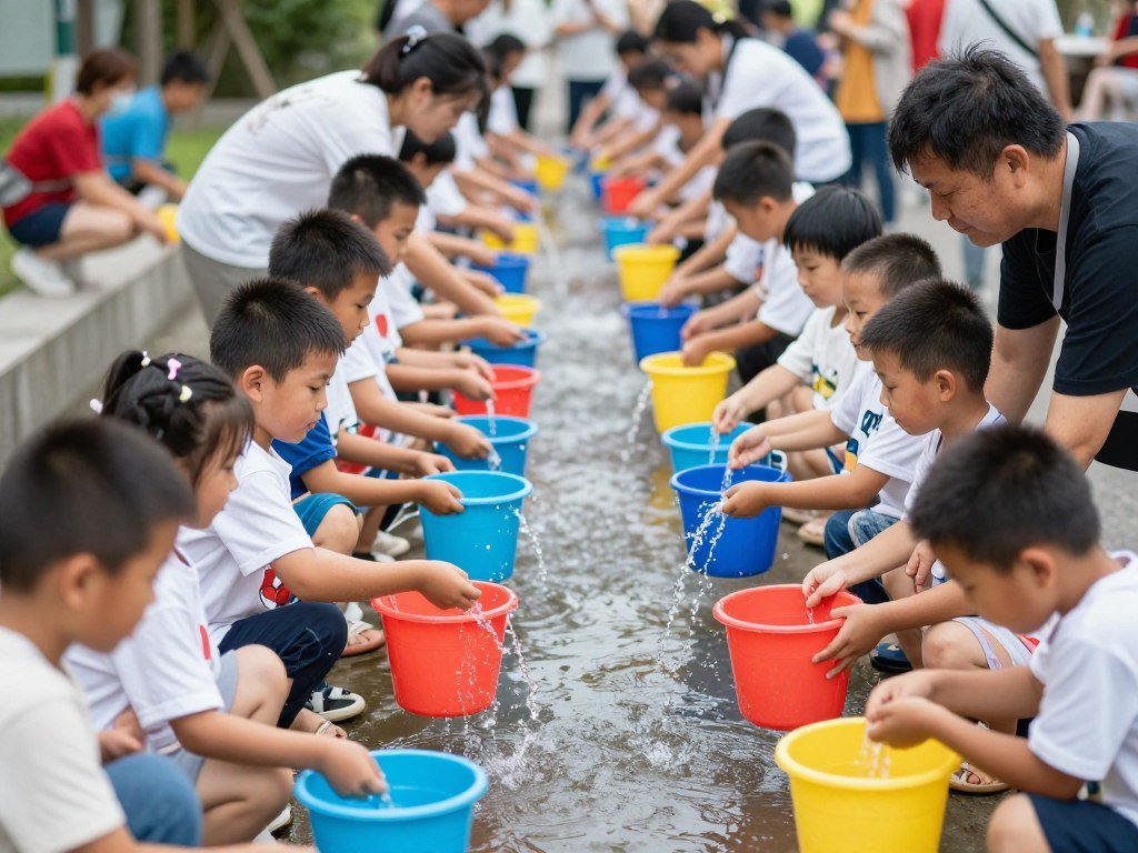 Teams of kids passing water buckets in brigade relay game