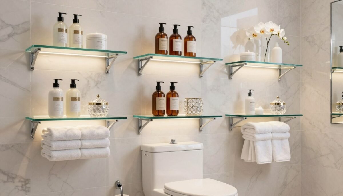 Tempered glass shelves above toilet with chrome brackets in elegant bathroom