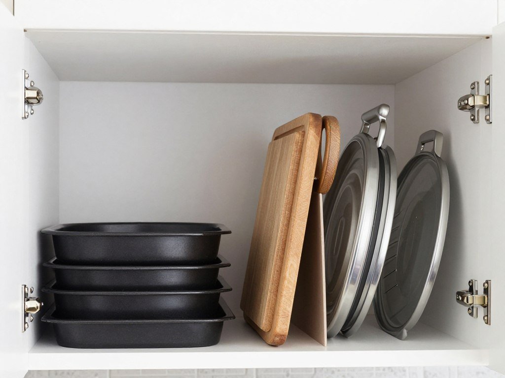 Tension rods creating vertical dividers in kitchen cabinet for organizing baking sheets