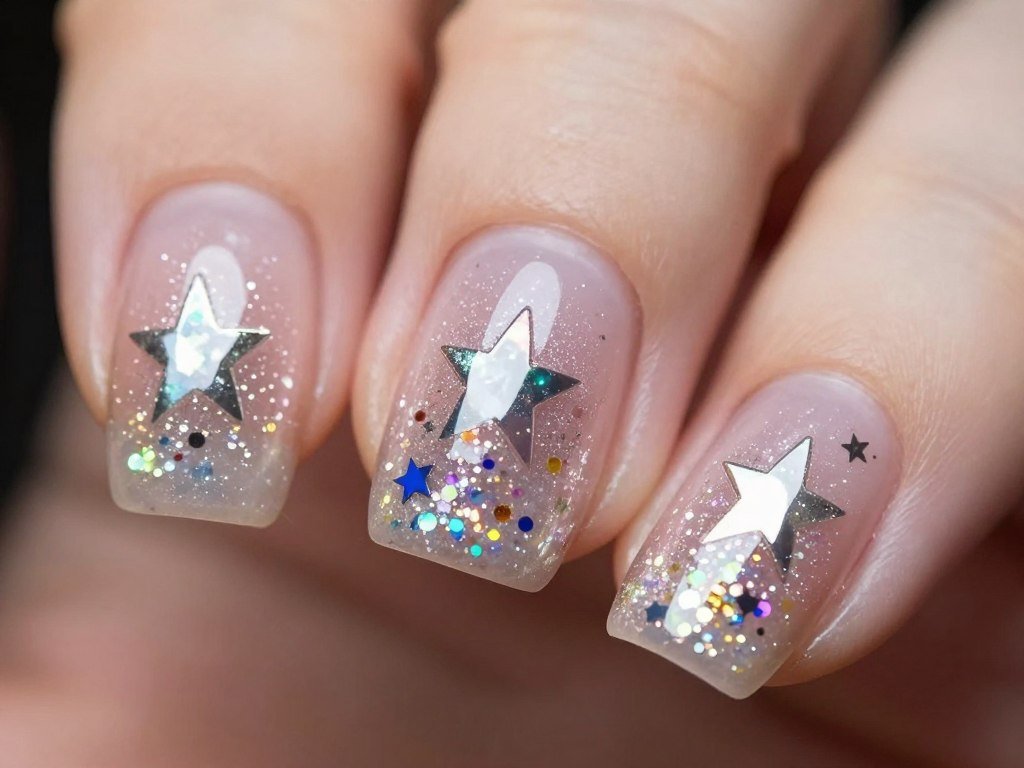 Textured 4th of July gel nail designs with chunky dimensional star glitter