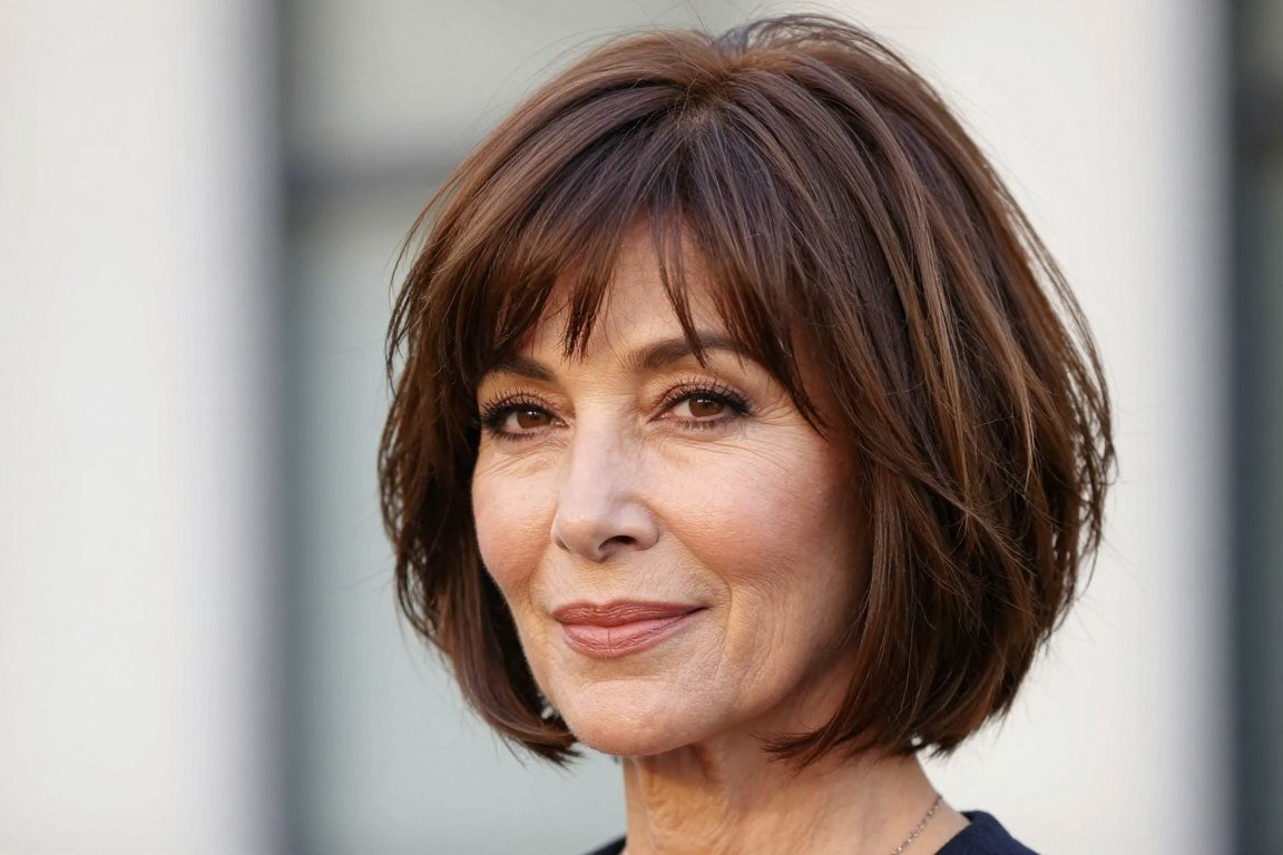 Textured bob haircut for mature women showing layers and movement