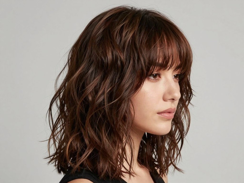 Textured curtain bangs paired with loose waves on medium length hair