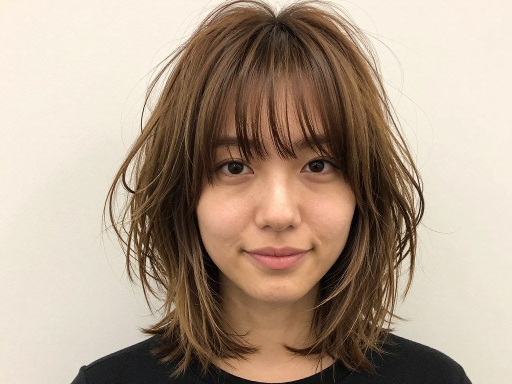 Textured full bangs with layered medium length hairstyle